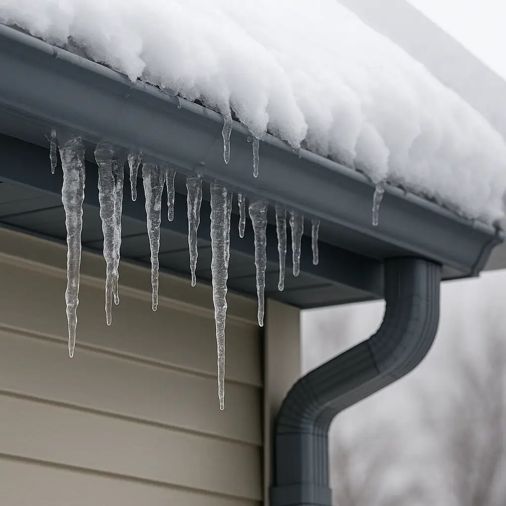 gutters with ice hanging off of them doing damage to the home